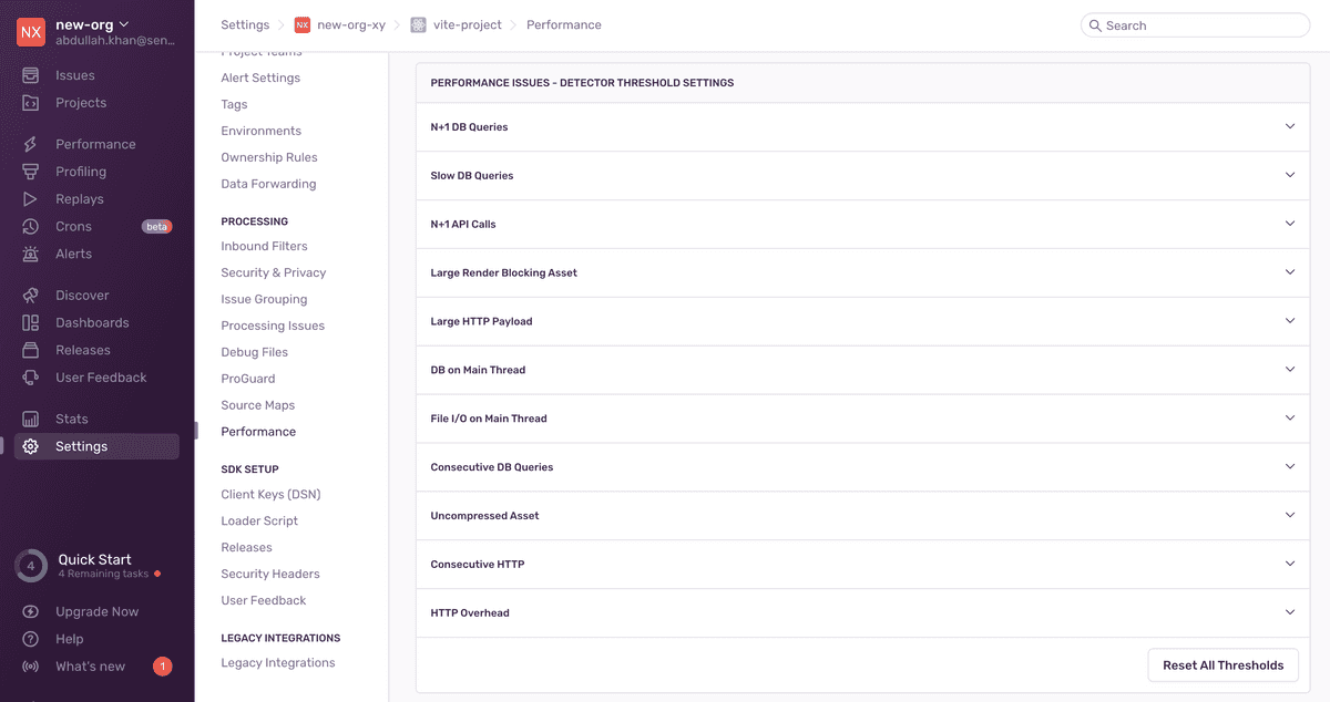 Detector Threshold settings customer ui screenshot